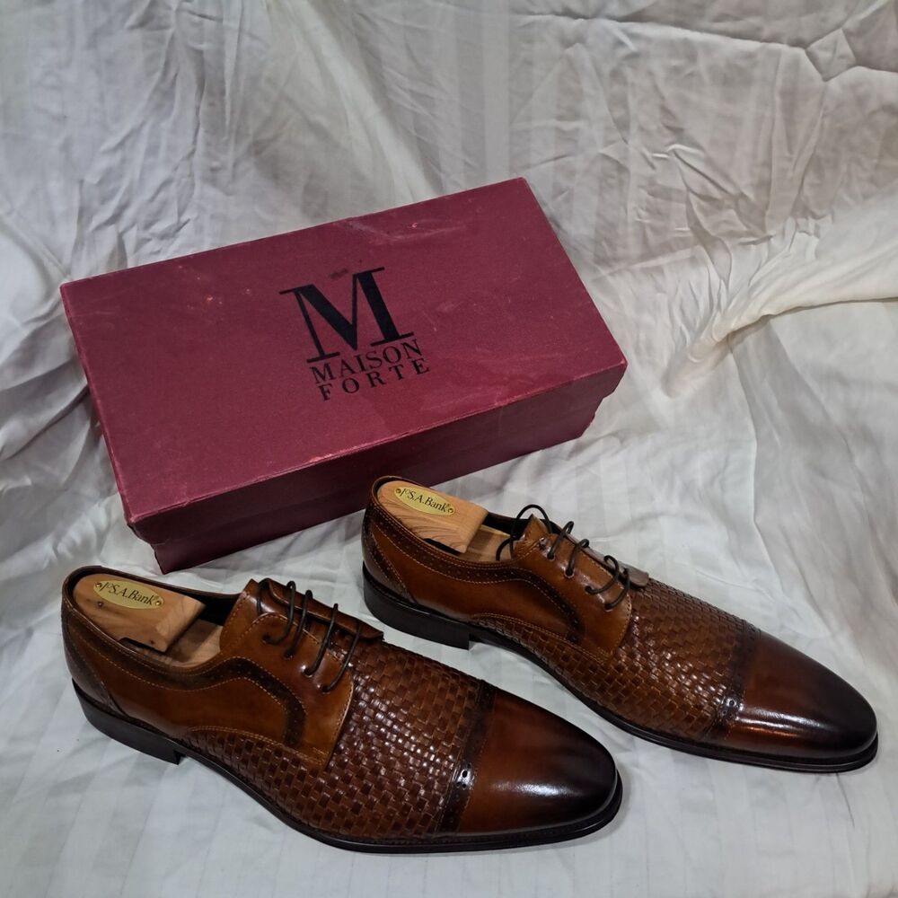 Maison Forte Cognac Leather Basket Weave Sides Dress Shoes Shoe Trees Box 13M